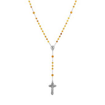 Symbols of Faith Silver-tone Amber Brown Bead Crucifix Rosary