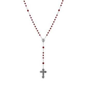 Symbols of Faith Silver-tone Dark Red Bead Crucifix Rosary