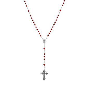 Symbols of Faith Silver-tone Dark Red Bead Crucifix Rosary