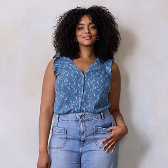 Plus Size LC Lauren Conrad Ruffle Shoulder V-Neck Tank Top