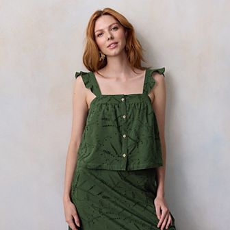 Women's LC Lauren Conrad Button Front Ruffled Shoulder Tank Top