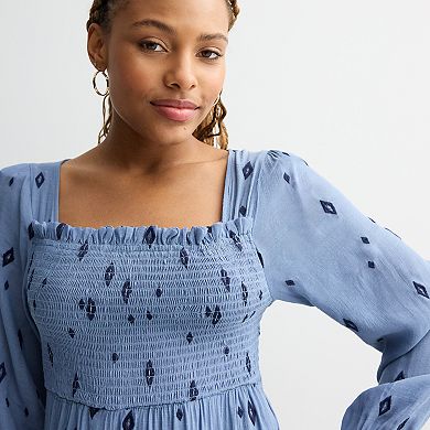 Juniors' Liberty Love Smocked Bodice Long Sleeve Dress