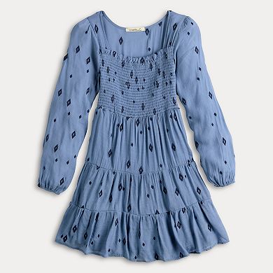 Juniors' Liberty Love Smocked Bodice Long Sleeve Dress
