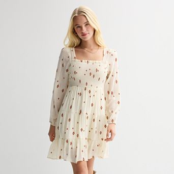 Juniors' Liberty Love Smocked Bodice Long Sleeve Dress