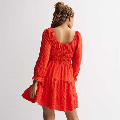 Juniors' Liberty Love Long Sleeve Smocked Waistband Mini Dress