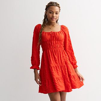 Juniors' Liberty Love Long Sleeve Smocked Waistband Mini Dress