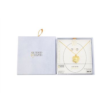 Guided by Faith 14k Gold Plated Heart Locket Pendant with Cubic Zirconia Stud Earrings