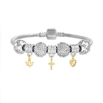 Guided by Faith Beaded Snake Chain Charm Bracelet with Dove, Cross & Heart Charms