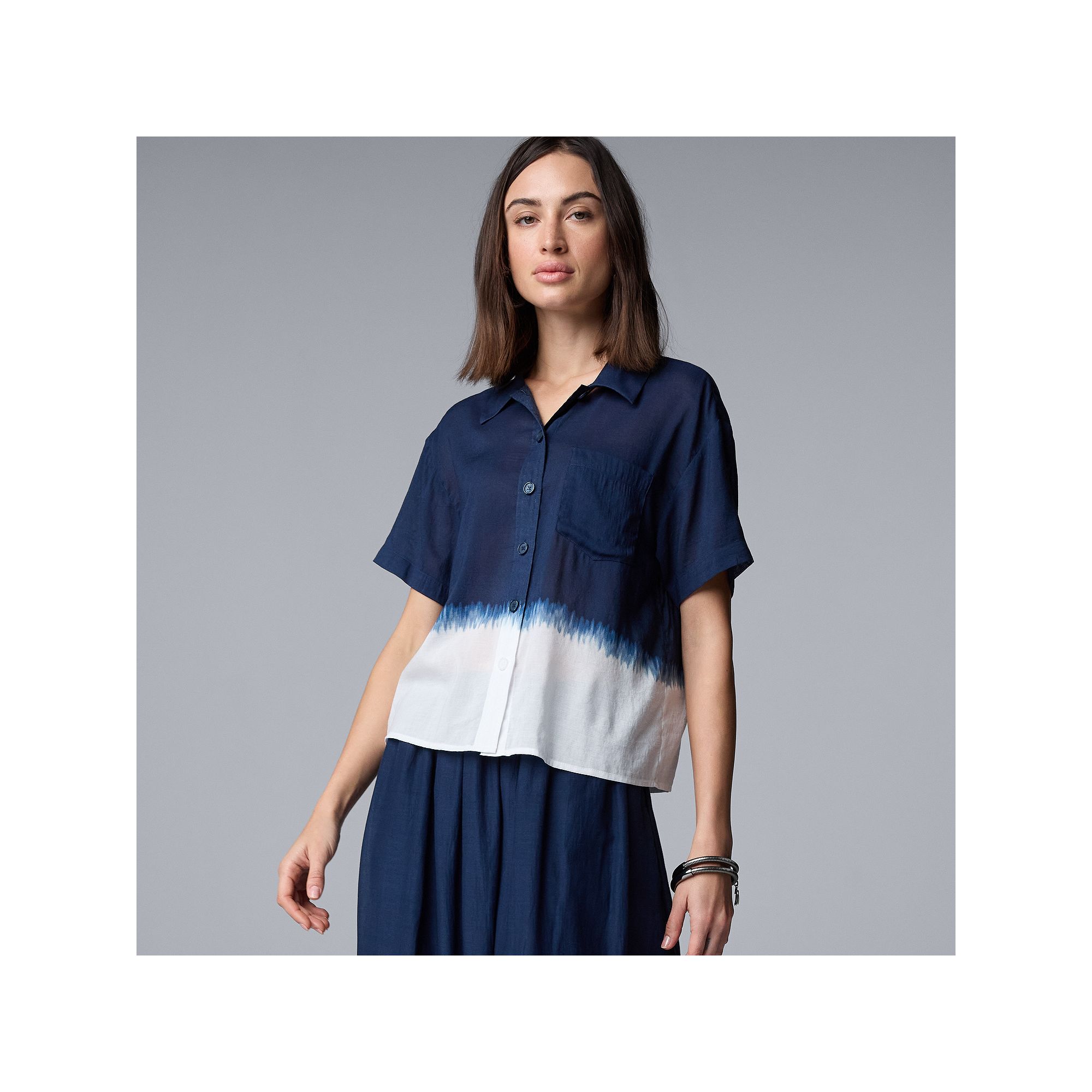 Womens Simply Vera Vera Wang Camp Shirt, Size: Medium, Blue Dip Dye