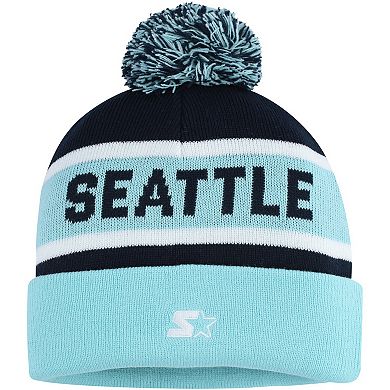 Men's Starter Light Blue/Deep Sea Blue Seattle Kraken Cuffed Knit Hat with Pom