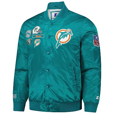 Men's Starter Aqua Miami Dolphins Exclusive Satin Full-Snap Varsity Jacket