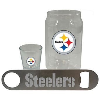 The Memory Company Pittsburgh Steelers Three-Pack Beer Glass, 2oz. Shot Glass & Bottle Opener Set