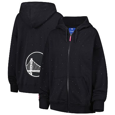 Women's Terez Black Golden State Warriors Oversized Allover Gemstone Full-Zip Hoodie