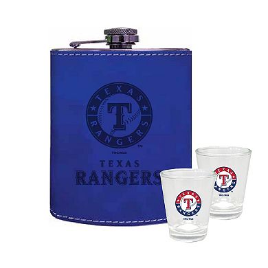 The Memory Company Texas Rangers Three-Pack 8oz. Leather Flask & 2oz. Shot Glass Set