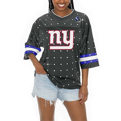 Women's Gameday Couture Anthracite New York Giants Kickoff Time Allover Rhinestone Sports Stripe Jersey V-Neck T-Shirt