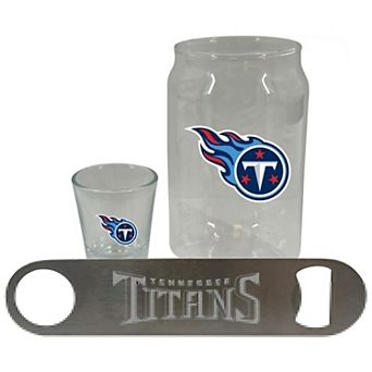 The Memory Company Tennessee Titans Three-Pack Beer Glass, 2oz. Shot Glass & Bottle Opener Set
