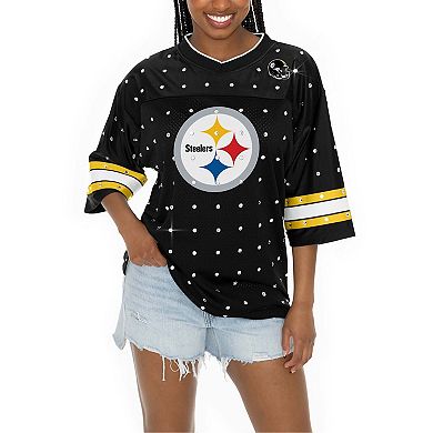 Women's Gameday Couture Black Pittsburgh Steelers Kickoff Time Allover Rhinestone Sports Stripe Jersey V-Neck T-Shirt