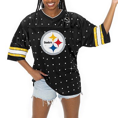 Women's Gameday Couture Black Pittsburgh Steelers Kickoff Time Allover Rhinestone Sports Stripe Jersey V-Neck T-Shirt