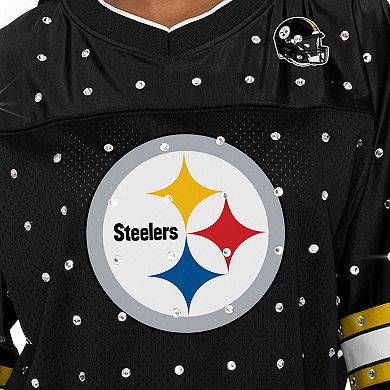 Women's Gameday Couture Black Pittsburgh Steelers Kickoff Time Allover Rhinestone Sports Stripe Jersey V-Neck T-Shirt