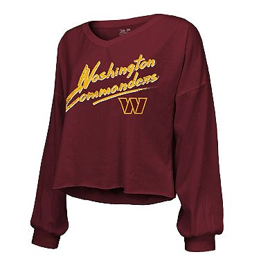 Women's Majestic Threads Jayden Daniels Burgundy Washington Commanders Off-Shoulder Script Player Name & Number Cropped Long Sleeve V-Neck T-Shirt