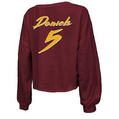 Women's Majestic Threads Jayden Daniels Burgundy Washington Commanders Off-Shoulder Script Player Name & Number Cropped Long Sleeve V-Neck T-Shirt