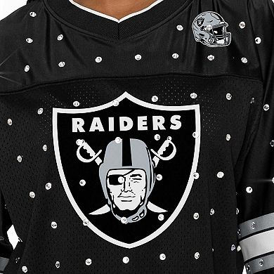 Women's Gameday Couture Black Las Vegas Raiders Kickoff Time Allover Rhinestone Sports Stripe Jersey V-Neck T-Shirt