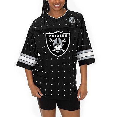 Women's Gameday Couture Black Las Vegas Raiders Kickoff Time Allover Rhinestone Sports Stripe Jersey V-Neck T-Shirt