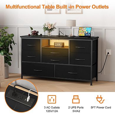 Tv Stand For Bedroom, 8 Fabric Drawer Dresser With Power Outlet & Led For 55 inch Tv