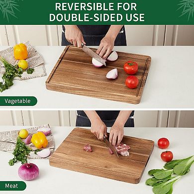 Acacia Wood Cutting Board for Kitchen, Thick Butcher Block with Juice Grooves and Handle