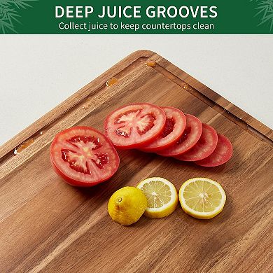 Acacia Wood Cutting Board for Kitchen, Thick Butcher Block with Juice Grooves and Handle