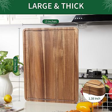 Acacia Wood Cutting Board for Kitchen, Thick Butcher Block with Juice Grooves and Handle