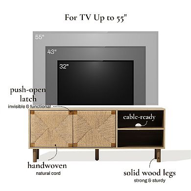 LuxenHome 55" Boho TV Stand for Living Room, Media Console with Woven Rope Cabinet Door