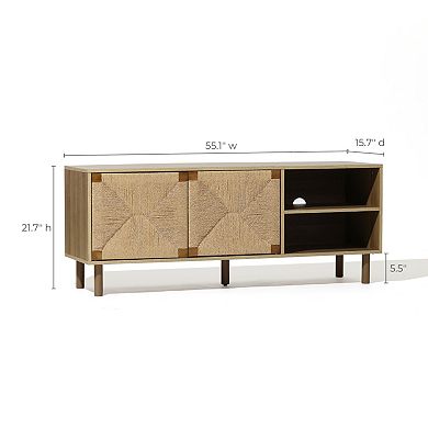 LuxenHome 55" Boho TV Stand for Living Room, Media Console with Woven Rope Cabinet Door