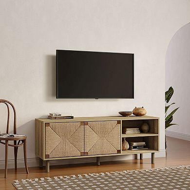 LuxenHome 55" Boho TV Stand for Living Room, Media Console with Woven Rope Cabinet Door