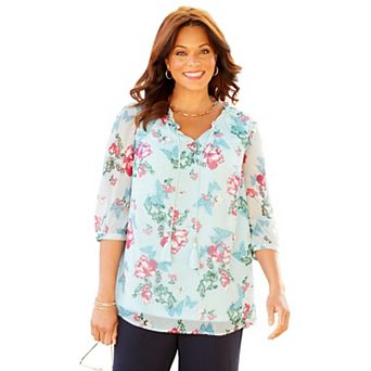 Catherines Women's Plus Size Petite Ruffle Neck Peasant Blouse
