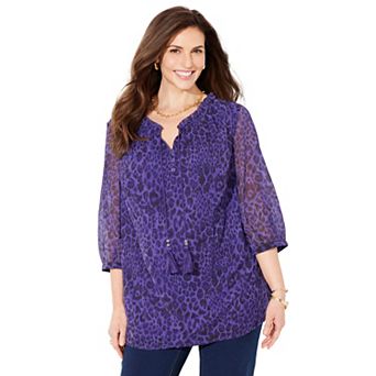 Catherines Women's Plus Size Petite Ruffle Neck Peasant Blouse