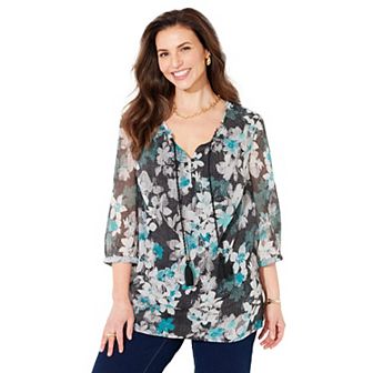 Catherines Women's Plus Size Petite Ruffle Neck Peasant Blouse