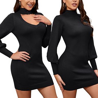 Women's High Neck Sweater Dress Long Sleeve Backless Cut Out See Through Cable Knitted Turtleneck