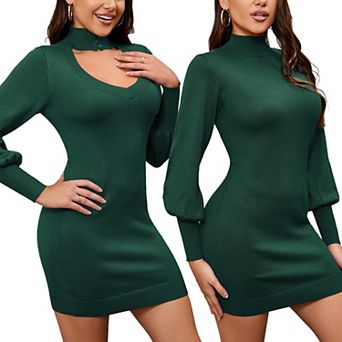 Women's High Neck Sweater Dress Long Sleeve Backless Cut Out See Through Cable Knitted Turtleneck