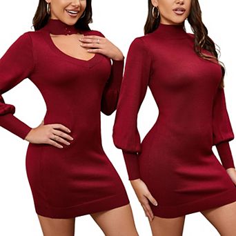 Women's High Neck Sweater Dress Long Sleeve Backless Cut Out See Through Cable Knitted Turtleneck
