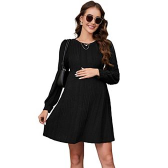 Women's Crew Neck Sweater Dress Long Lantern Sleeve Ribbed Knitted Mini Pullover Maternity Dresses