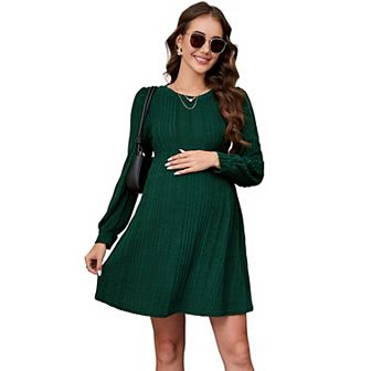 Women's Crew Neck Sweater Dress Long Lantern Sleeve Ribbed Knitted Mini Pullover Maternity Dresses