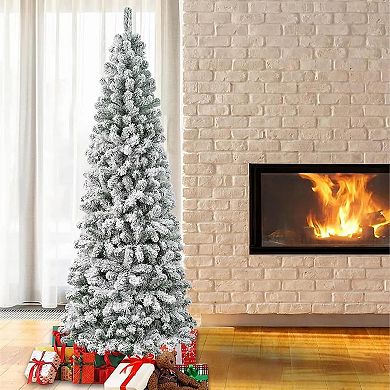 6ft Snow Flocked Artificial Christmas Tree, Pre-Lit Hinged Pine Holiday Xmas Tree With LED Lights