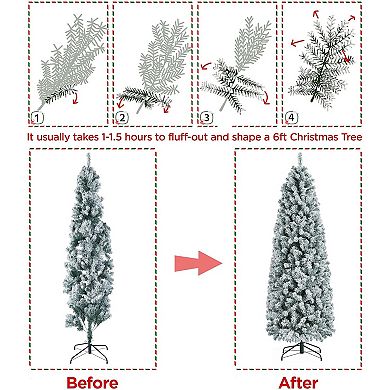 7ft Snow Flocked Artificial Christmas Tree, Pre-Lit Hinged Pine Holiday Xmas Tree With LED Lights