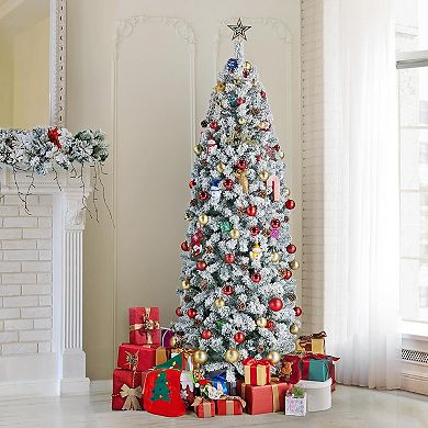 7ft Snow Flocked Artificial Christmas Tree, Pre-Lit Hinged Pine Holiday Xmas Tree With LED Lights