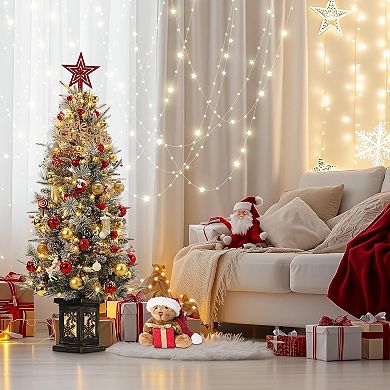 4.5FT Prelit Premium Snow Flocked Artificial Christmas Tree with 8 Mode LED, Snowflake Base