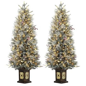 4.5ft Pre-Lit Snow Flocked Christmas Tree , Artificial Potted Xmas Tree with 200 Warm Lights,2 PCS
