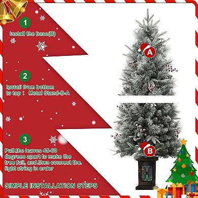 4.5ft Pre-Lit Snow Flocked Christmas Tree , Artificial Potted Xmas Tree with 200 Warm Lights,2 PCS