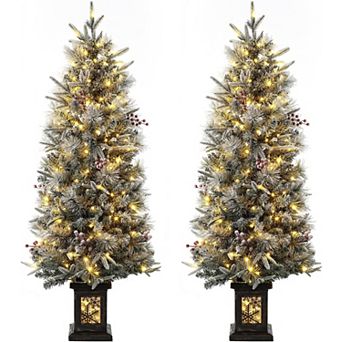 4.5FT Prelit Premium Snow Flocked Artificial Christmas Tree with 8 Mode LED,Snowflake Base-2PCS