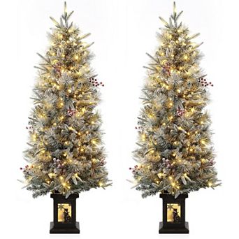 4.5ft Christmas Tree Set with 200 Lights, 8 Modes, Frosted Cedar and Red Fruit Decorations (2 PCS)